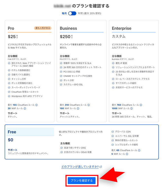 Cloudflareのプラン確認画面