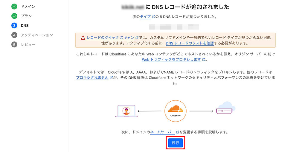 Cloudflareの続行ボタン