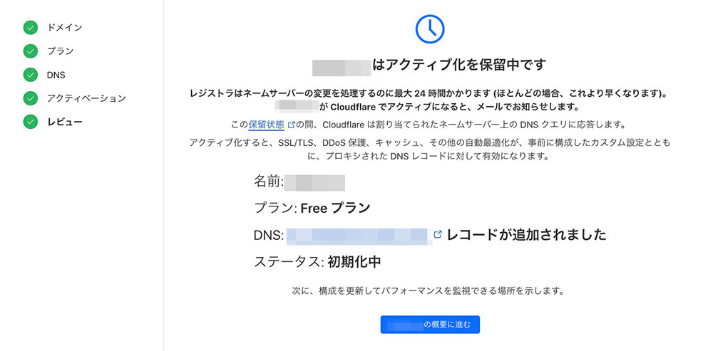 Cloudflareの設定完了画面